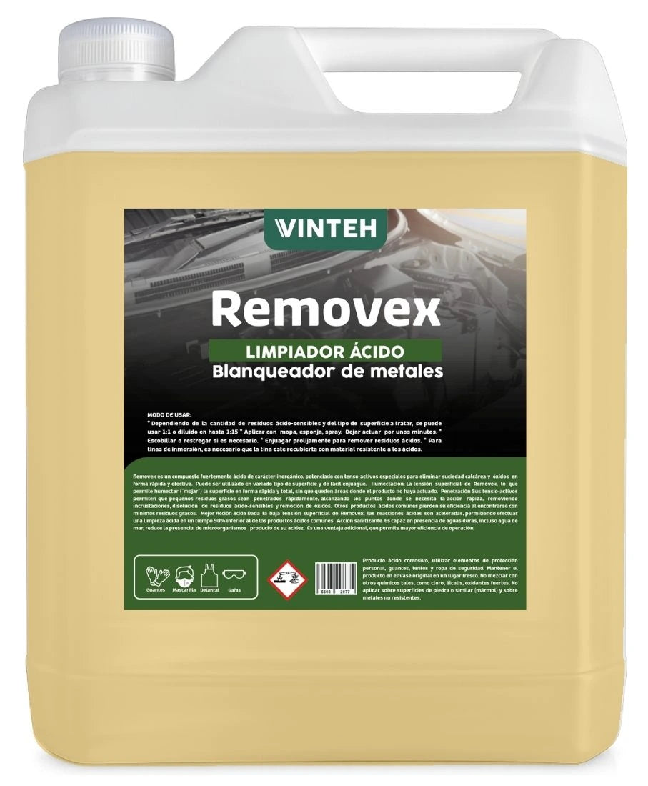 Desincrustante ácido concentrado de uso industrial Removex 5 litros, formulado para ablandar y disolver residuos de cemento, salitre, sarro y lechadas adheridas en superficies resistentes a ácidos. Reduce significativamente el esfuerzo mecánico en limpieza pesada y acelera los procesos de mantenimiento en obra y faena.